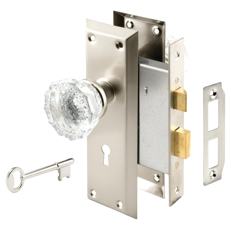 Prime-Line E 28335 Mortise Keyed Lock Set with Glass Knob, Single Pack | Replaces Antique Lock Sets, Fits 2-3/8 In. Backset Doors Satin Nickel