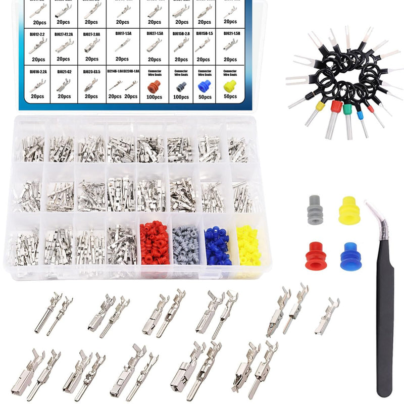 Seamaka720Pcs 21Type Car Electrical Wire Terminal Tool kit 1/1.5/1.8/2.2/2.8/3.5mm Connector Pins Terminal Removal Male Female Crimp Pins Non-Insulated Plug 720 PCS