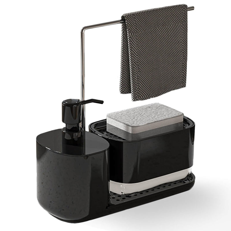 Kitchen Soap Dispenser Set with Tray and Sponge Holder, Dish and Hand Soap Dispenser with Dishcloth Holder 4-in-1 Kitchen Sink Countertop Storage Organizer, Useful Kitchen Gadgets -Black Black