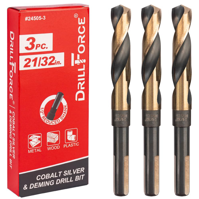 3PCS 21/32 Inch Cobalt Drill Bits HSSCO High Speed Steel M35 S&D Twist Drill Bits for Stainless Steel 1/2" Reduced Shank 6" OAL 135-Degree Split Point 21/32"(3PCS)