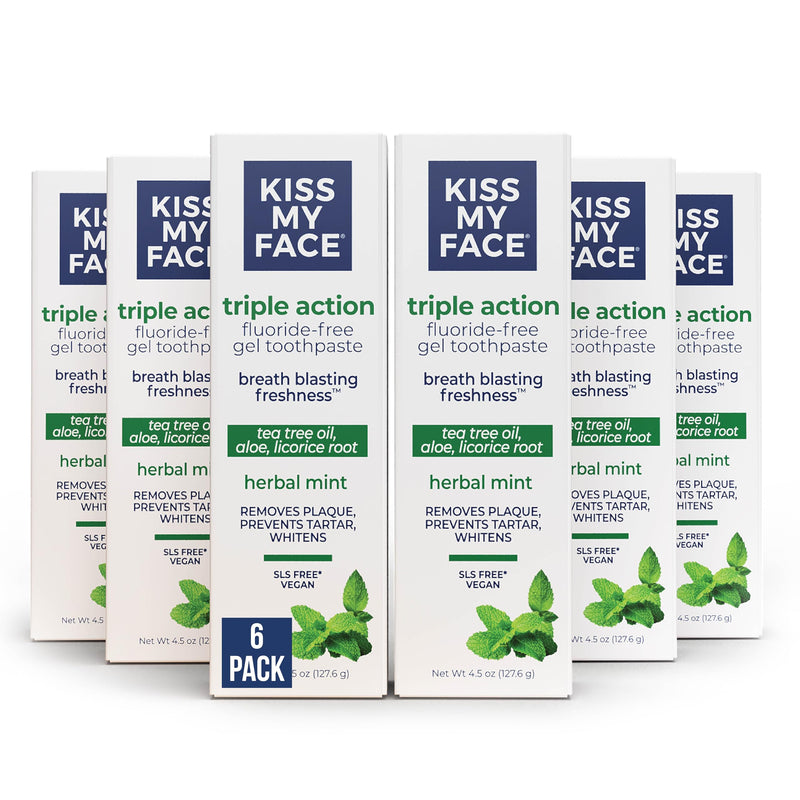 Kiss My Face Triple Action Toothpaste Gel, Herbal Mint Flavor, Removes Plaque, Whitens Teeth, Prevents Tartar, with Tea Tree Oil and Aloe, Fluoride Free, Vegan, 4.5 oz, 6 Pack Triple Action Herbal Mint