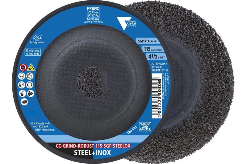 Pferd Tools CC-Grind-Robust Grinding Disc 4-1/2" x 7/8", Part 61152 | SGP STEELOX VICTOGRAIN® Ceramic, For Steel & Stainless Steel, 13,300 RPM, Pack of 10 4-1/2" x 7/8" Arbor Hole
