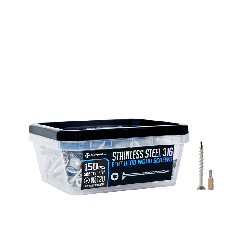 #8x1-5/8 Marine Grade 316 Stainless Steel Deck Screws, 150 PCS, Flat Head T20, Type 17 Point, Rust Resistant, Quick Drive, Strong Grip for Outdoor Wood Projects, Bit Included #8 x 1-5/8"