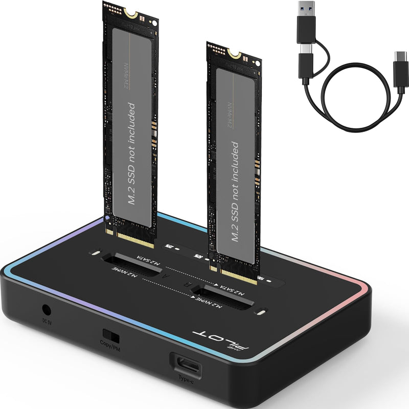M.2 Duplicator Cloner Dual-Bay Offline USB C to NVME SATA Docking Station, M.2 Reader 20Gbps for Both (M Key, B+M Key) PCIE NGFF Dock, Size 22110 2280 2260 2242 2230 Enclosure - NN/SS RGB M.2 Duplicator Cloner Pilot NN/SS RGB [Plastic]