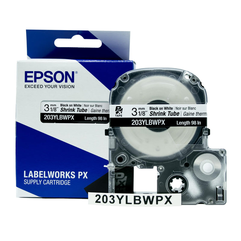 Epson LABELWORKS 203YLBWPX Tape Cartridge - Black on White Shrink Tube Industrial Label Maker Tape - AWG 16-22, 1/8" (3MM) Wide, 8 ft (98") 3MM(16-22AWG)