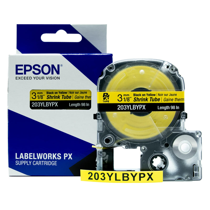 Epson LABELWORKS 203YLBYPX Tape Cartridge - Black on Yellow Shrink Tube Industrial Label Maker Tape - AWG 16-22, 1/8" (3MM) Wide, 8 ft (98") 3MM(16-22AWG)