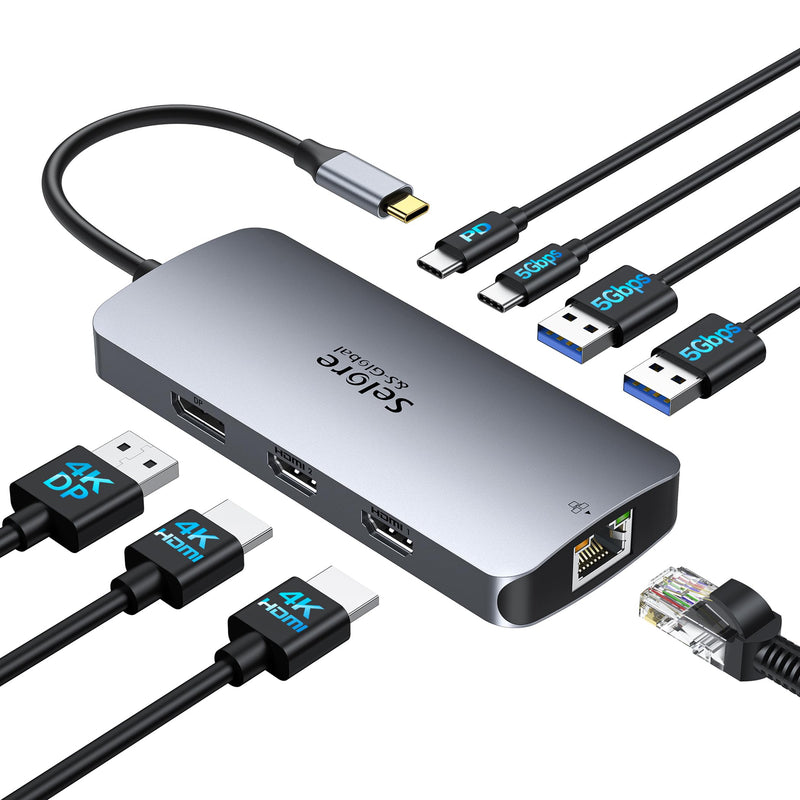 USB C Docking Station Dual Monitor, Selore Docking Station 3 Monitors | Triple 4K Display with 2 HDMI, DisplayPort, 1Gbps Ethernet, 100W PD Charging, USB 3.0 Ports Adapter for Dell, HP, Lenovo,etc Gray