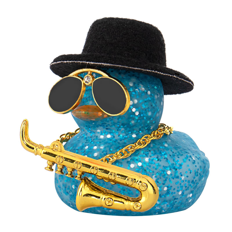 wonuu Car Dashboard Ducks, Saxophone Decor Rubber Duck Car Ornaments with Mini Top Hat Necklace Sunglasses (Light Blue) Glitter Light Blue