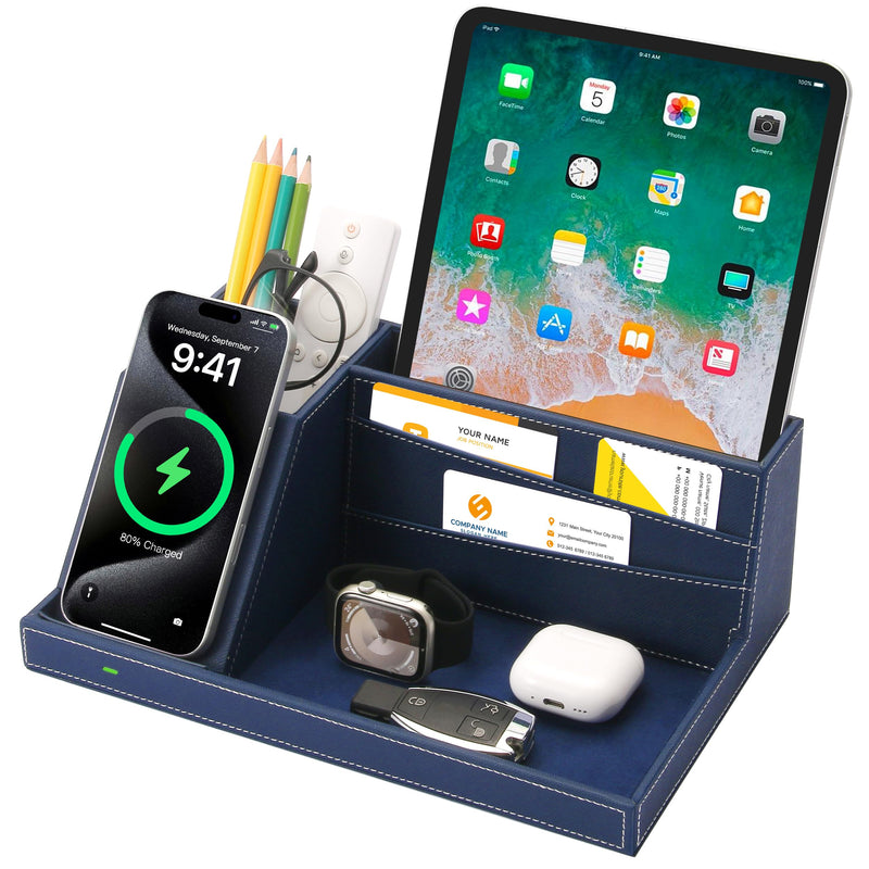 Desk Organizer with Charging Station, Nightstand Organizer Phone Docking Station, Men Gift Husband Wife Anniversary Dad Birthday Nightstand Purse Father Graduation Male Travel Idea Gadgets Blue