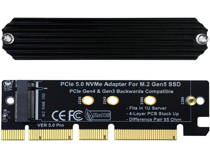 PCIe 5.0 M.2 NVMe Adapter Expansion Card for PCIe5 Gen5 SSD, Backward Compatible with PCIe 4.0/3.0/2.0/Gen4/Gen3, Fits in 1U Server. (X16) X16