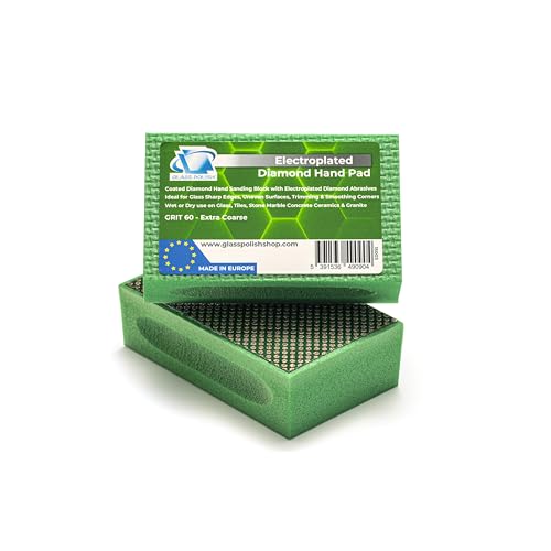 Glass Polish (Grit 60) Pack of 2 PRO Diamond Hand Pad Sanding Block for Smoothing, Edging and Polishing - 3.74” x 2.16” (95x 55mm) - GP15003