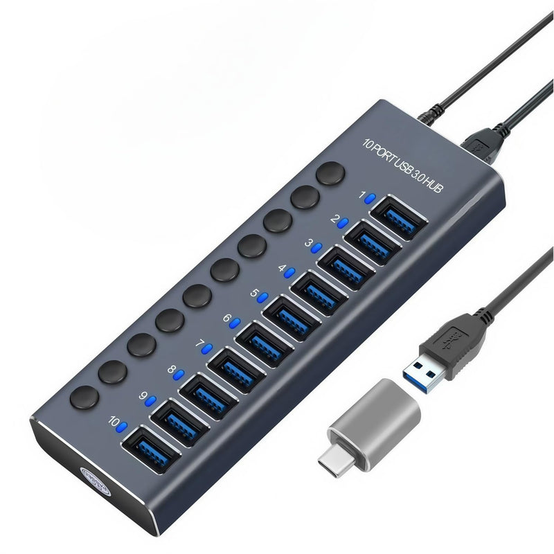 MaxLax 10 Port Aluminum USB 3.0 hub with 10 Port USB Data Transfer,Power Adapter USB Splitter Independent Switch Silver Gray-common 10 ports