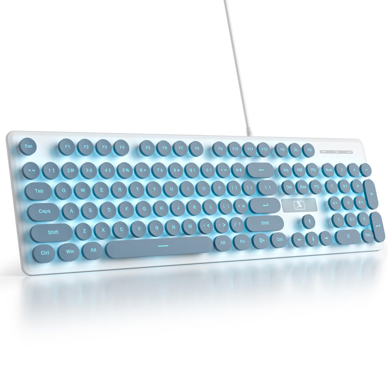 Typewriter Keyboard 104-key Punk Gaming Retro Keyboard LED Ice Blue Backlit Cute Keyboard with Wired USB Suitable for PC/Win/Mac/Laptop Computer Keyboard(Blue) V300/blue
