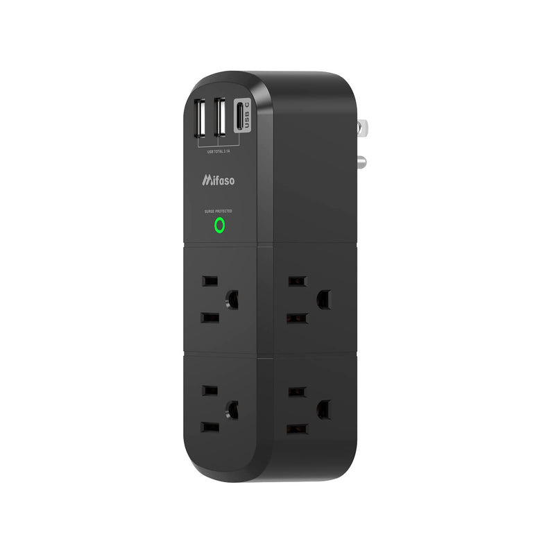 Surge Protector USB Outlet Extender with Rotating Plug, 6 AC Multi Plug Outlet and 3 USB Ports (1 USB C), 3-Sided Swivel Power Strip Outlet Splitter for Home, Dorm Room Essentials (2 Pack) 2 Pack Black