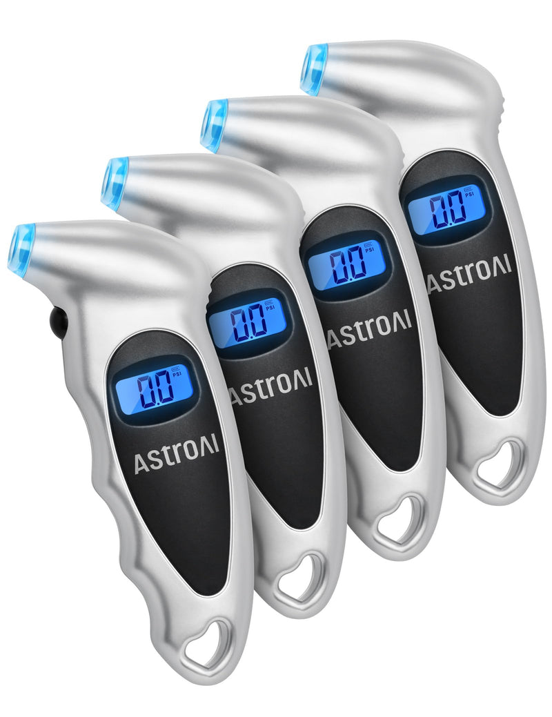  [AUSTRALIA] - AstroAI Digital Tire Pressure Gauge 0-150PSI Calibrated to ANSI B40.7 +/-1PSI, 4 Units for Car Truck Bicycle with Backlight LCD and Presta Valve Adaptor, Sliver, 4Pack Silver