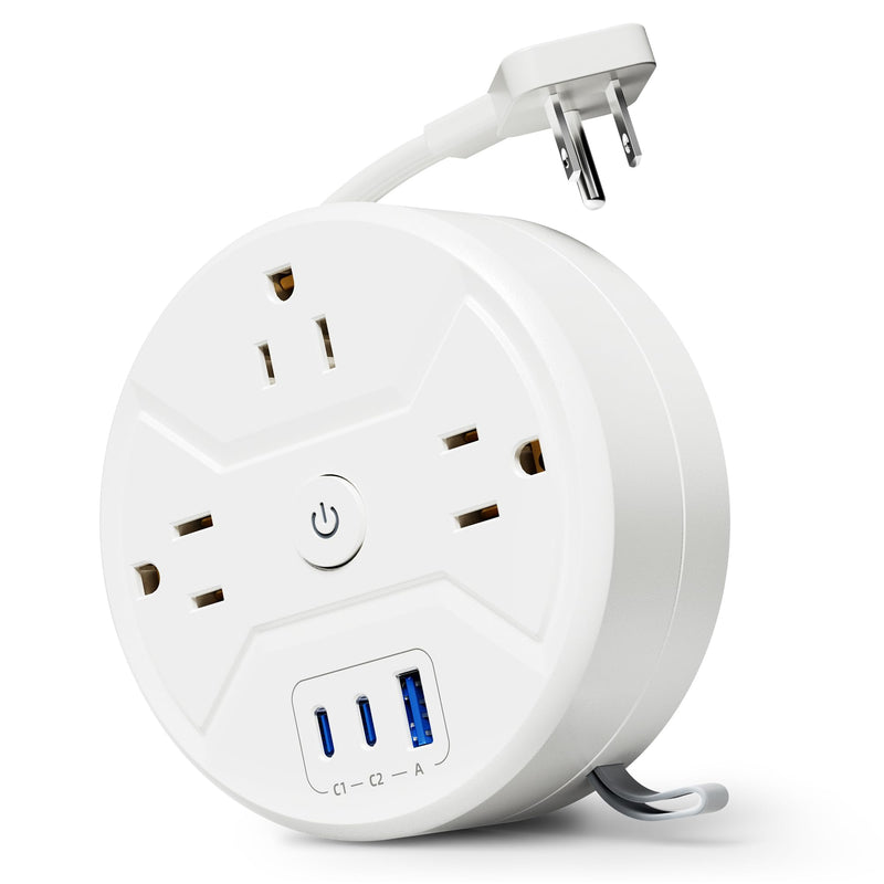 SUPERDANNY Travel Power Strip with 5ft Retractable Extension Cord Portable 3-AC & 3-USB 20W Fast Charging Station for Home Office, Business Travel, Trip, Cruise, No Surge Protector, White