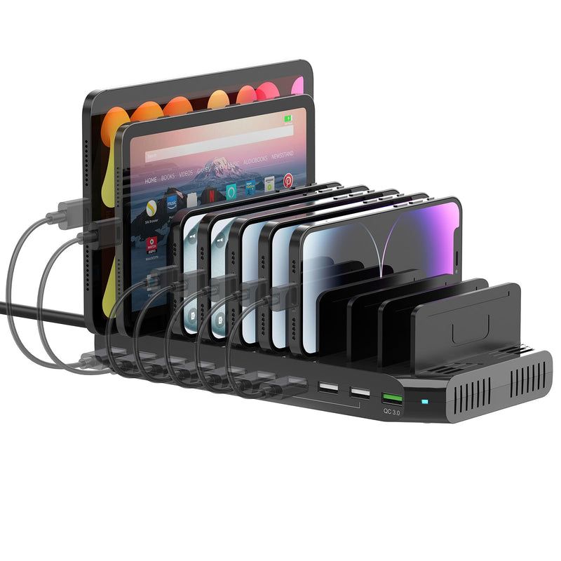 Multi USB Charging Station for Multiple Devices, 60W 10 Ports Multi Charger Station with QC3.0 Port & Adjustable Dividers Compatible with Tablets, Smartphones Black