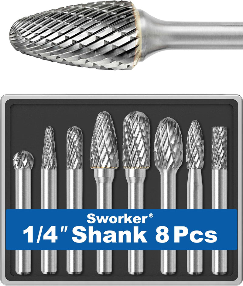 Sworker 8Pcs Carbide Burr Set 1/4 Shank w/Clear Box Max Head Dia 10mm Die Grinder Bits Rotary Tools Attachment Kit Rasp Accessories Metal Wood Stone Steel Grinding Deburring Cutting Porting Carving