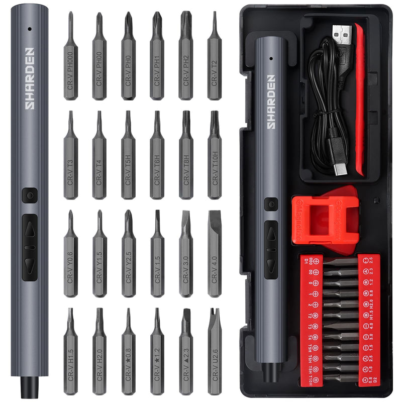 SHARDEN Mini Electric Screwdriver, 29 in 1 Small Electric Screw Driver Kit with 24 Magnetic Bits, Precision Cordless Repair Tool for Phone, Camera, Laptop, Watch Red