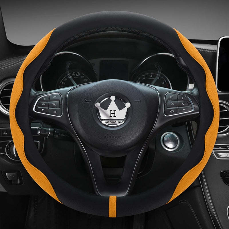 Luxury Suede Steering Wheel Cover for Cars, Soft Leather Padded Wheels Cover for Sedan, SUV, Thin Car Handle Cover, Universal Fit, Anti Slip, 14.75-15.15in, Orange Orange+Black Standard Size[14.75-15.15"](37.5-38.5cm)