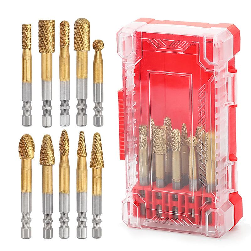 10 Pieces Set Carbide Burr Set with 1/4 inch Hex Shank,Double Cut Tungsten Carbide Rotary Burr Set for DIY Grinder Metal Wood Carving Engraving Polishing Drilling Grinding Milling Cutting 10 Pieces Set