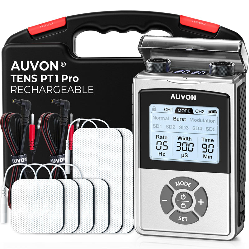 AUVON Rechargeable Digital TENS Unit Muscle Stimulator with 600 mAh Battery, TENS Machine with 8 Customizable Modes, Electric Massager for Shoulder, Back Pain Relief, 6 TENS Pads, A Carry Case A Silver