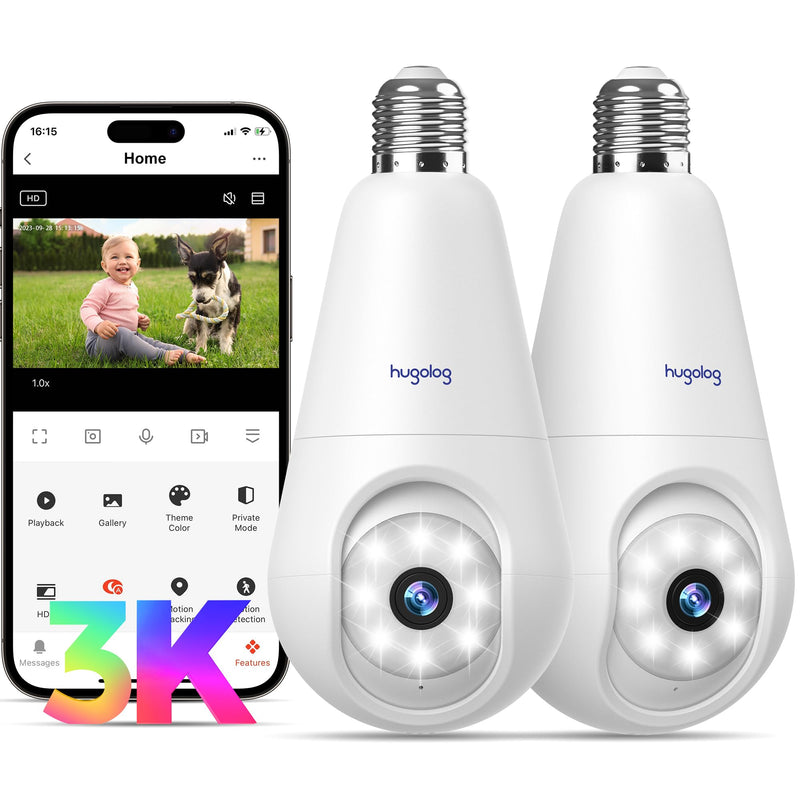 Hugolog 3K 5MP Light Bulb Security Cameras Wireless Outdoor-2.4GHz Cameras for Home Security Indoor with AI Sound Processing, Motion Detection,Color Night Vision,Auto Tracking,Siren Alarm White 3K-2 Pack