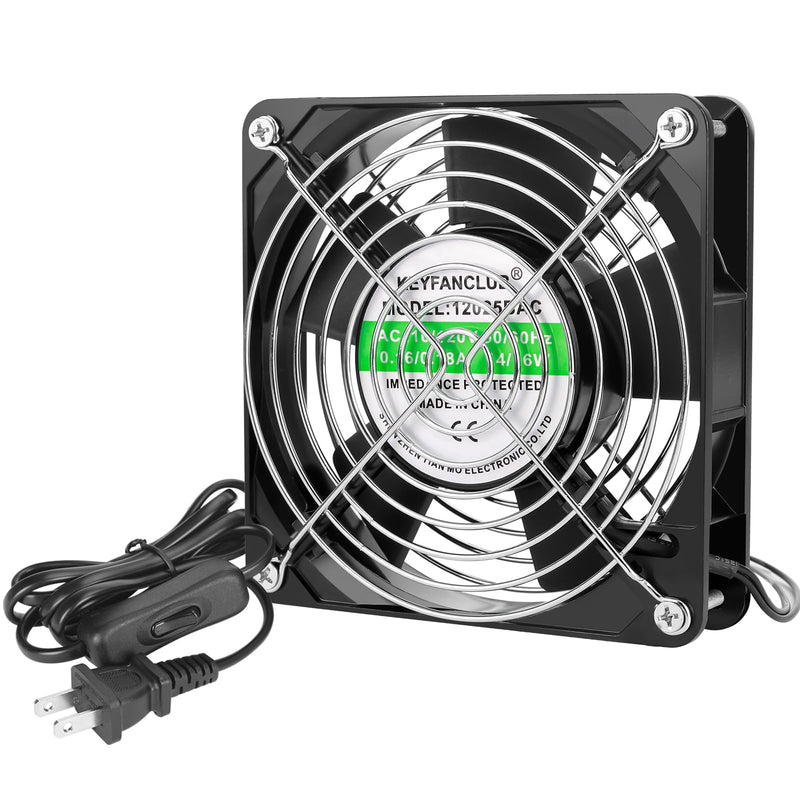 Axial Muffin Small Computer Fan with AC Plug 110V 120V AC 120mm x 25mm Dual Ball for DIY Cooling Ventilation Exhaust Projects 120x120x25mm