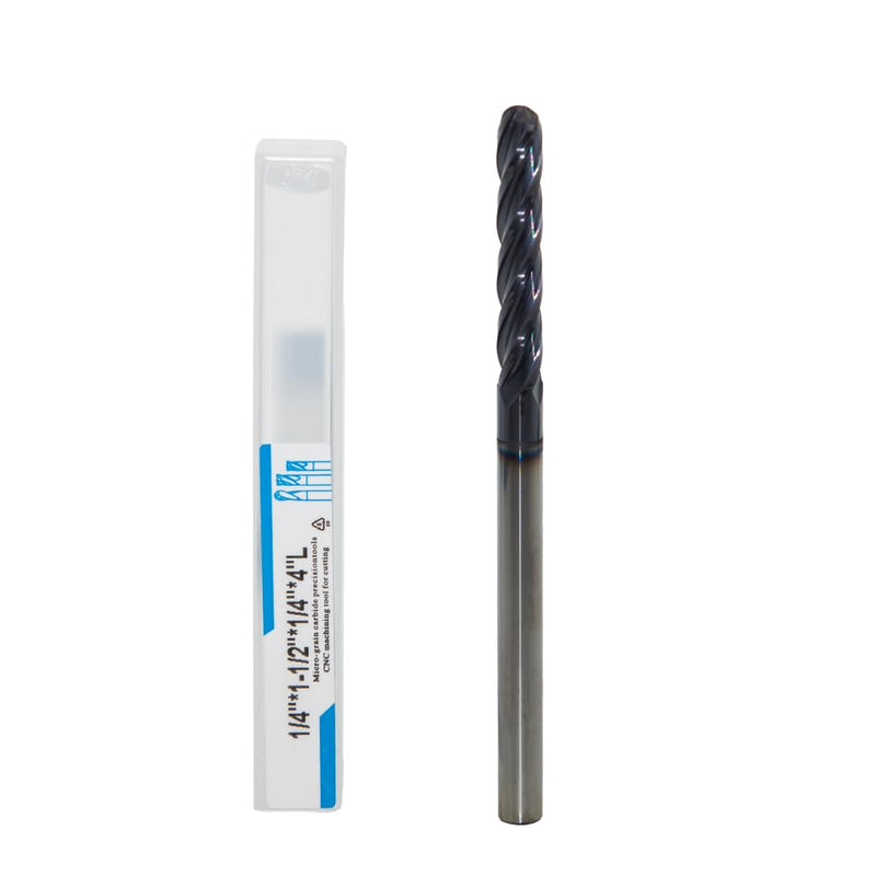 1/4" Extra Long Carbide Ball Nose End Mill for Alloy Steels/Hardened Steels, 4" Overall Length End Mill Bits, 4 Flute HRC 55 Deg AlTiN Coating, CNC Router Bits (1 Piece) 1/4" Extra Long