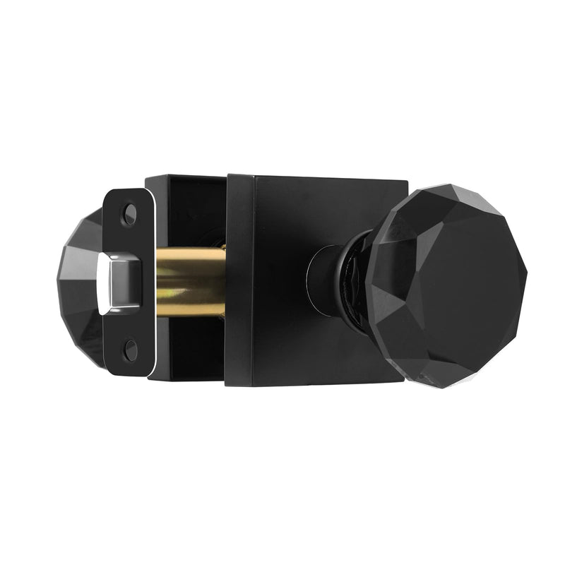 Matte Black Glass Crystal Door Knobs Interior, Modern Black Diamond Passage Square Clear Door Knobs for Closet Hallway Matte Black Finish and Black Glass