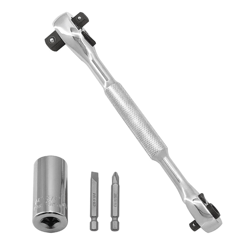 MacWork 4-in-1 Wrench and Universal Socket Set, 1/4", 3/8", 1/2" Drive and 1/4" Drive Bit Driver Ratchet Handle, 72-Tooth, with Universal Socket(7-19mm), Phillips #2 & Slotted 1/4" Screwdriver Bit