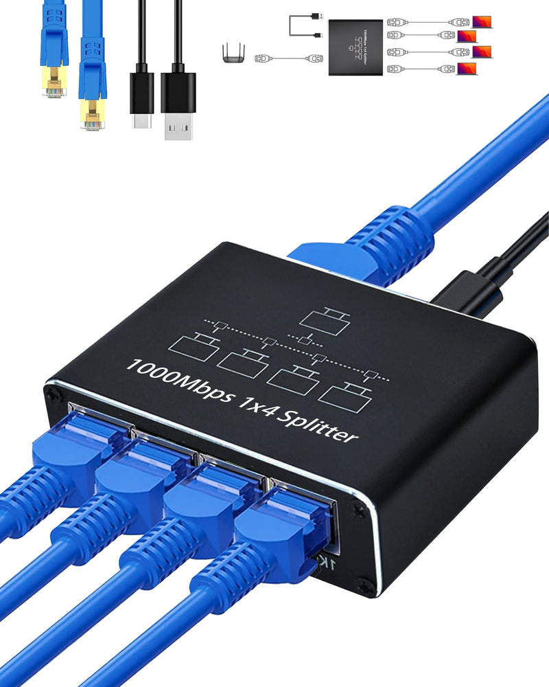 Ethernet Splitter 1 to 4, 1000Mbps High Speed Ethernet Cable Splitter with LAN Cable Cat 6 [4 Devices Simultaneous Networking], Gigabit RJ45 LAN Network Extension for Cat8/7/6/5e/5 Cable Ethernet Splitter 1 to 4 with Lan Cable