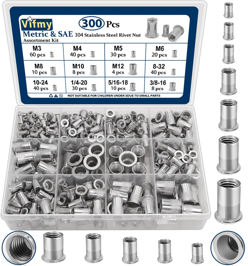 Metric & SAE Rivet Nut Assortment Kit(300 Pcs), M3 M4 M5 M6 M8 M10 M12#8-32#10-24 1/4"-20 5/16"-18 3/8"-16 304 Stainless Steel Rivnut Set UNC Flat Head Nutsert SAE & Metric Assortment - 300 Pcs Silver
