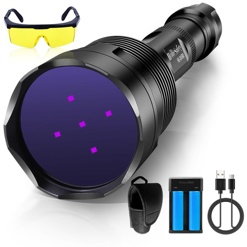 Black Light UV Flashlight, 5LEDs UV Light 50W Powerful Blacklight Torch Professional Grade Beam for Pet Urine Finding & Mineral, Antique Detection, Scorpion Search,Commercial Use (UV500_365nm) UV500_365nm