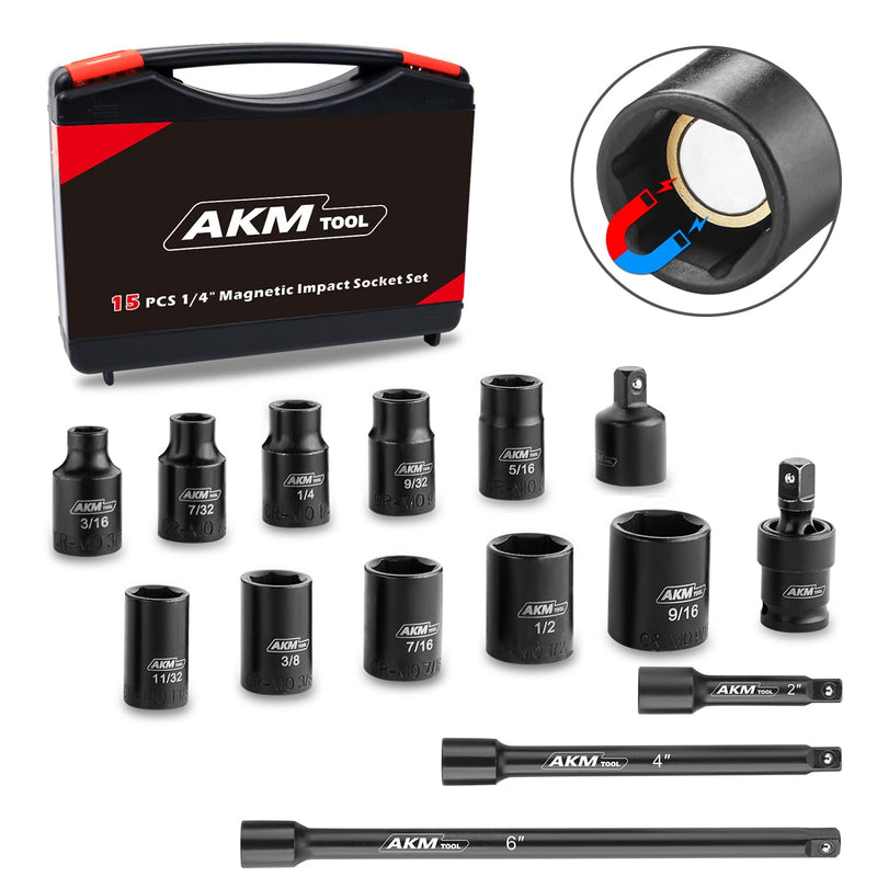 1/4 Inch Drive Magnetic Impact Socket Set, 15-Piece SAE, 1/4 Inch-9/16 Inch, 6 Point, Cr-Mo, Square Drive, Magnetic Socket with Impact Socket Adapter, Universal Joint & Extension 15PCS 1/4" SAE Magnetic Impact Socket Set