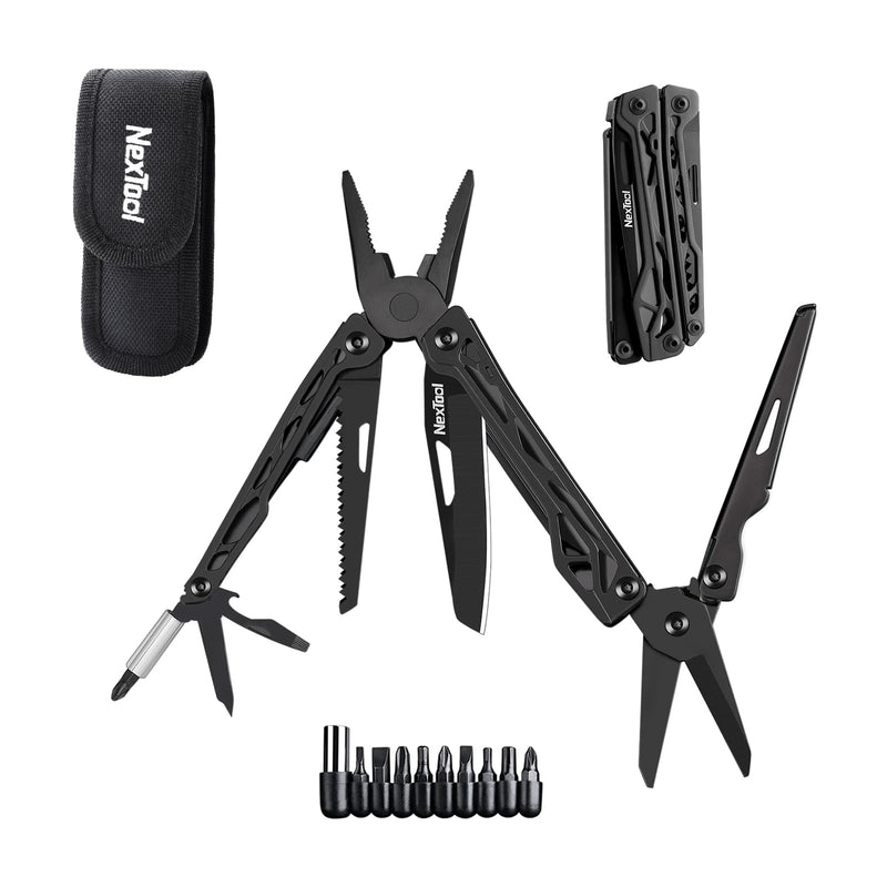 NexTool Multitool, 11 in 1 Multi Tool with Needle Nose Pliers, Scissors and Screwdriver Bits, Stainless Steel Multi Tool Pocket Knife with Safety Locking for Camping,Fishing,Hiking, Mens Gifts Unique Full Size Black Knight Pliers
