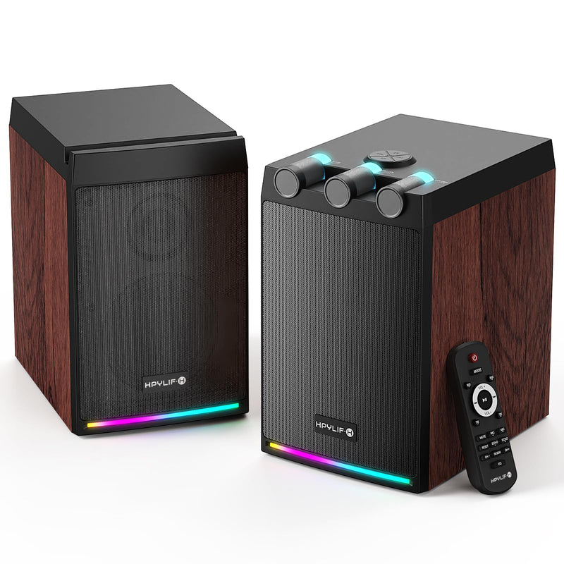 100W Powered Bluetooth Bookshelf Speakers,2.0 Wireless HiFi Speaker with Subwoofer and Led Light,Dynamic 3D Surround Sound,for Home Music,Vinyl Records, Home Theatre, Gaming,TV -Wood Grain