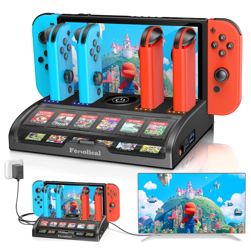 TV Switch Dock Station for Nintendo Switch/Switch OLED, Support 4K/1080P HDMI Switch Charger Docking Station for Joycon Controller Switch Accessories for PS3 Skins with 12 Game Slots (Black) Black