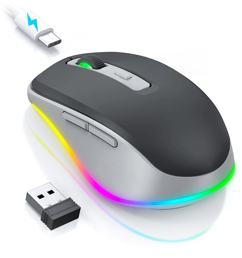 PEIOUS Wireless Mouse Jiggler - LED Wireless Mice with Build-in Mouse Mover, Rechargeable Moving Mouse for Laptop with Undetectable Random Movement Keeps Computers Awake - Black & Grey