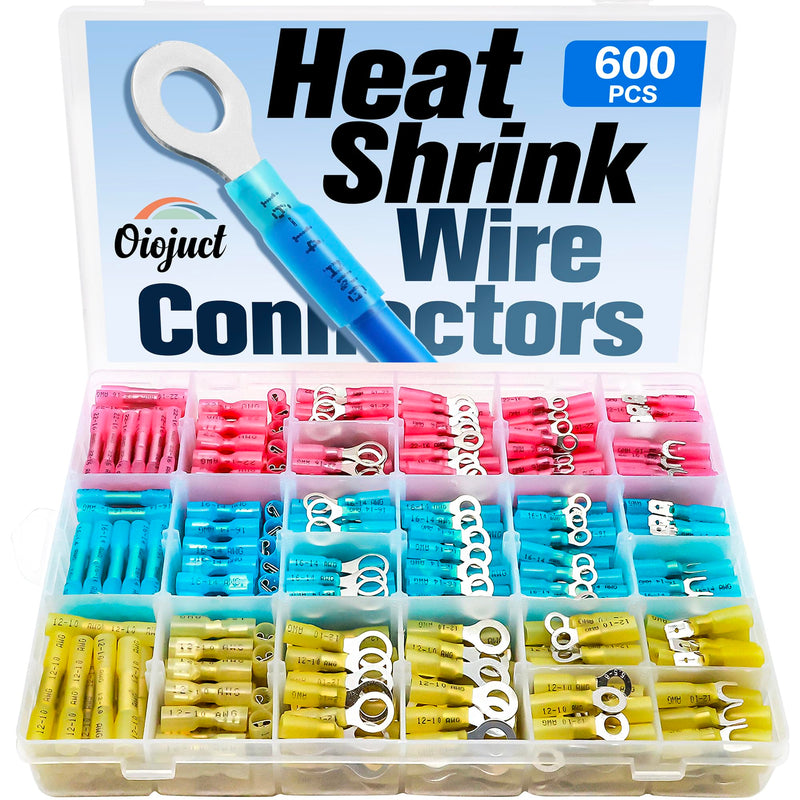 600Pcs Heat Shrink Wire Connectors Electrical Kit - Oiojuct Marine Automotive Crimp Terminals Assortment, Waterproof Ring Fork Spade Electrical Butt Connector 600
