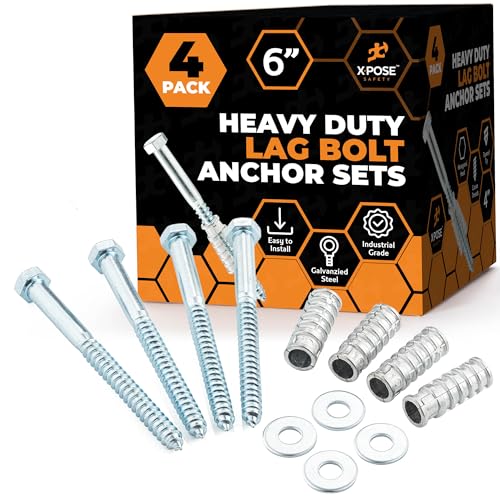Concrete Anchors Set with 6" Lag Bolt, Lag Shield and Washer - 4 Sets per Pack - 1/2" Bolt Lag Screws 6-Inch for Parking Curb Stop - Galvanized Steel Lag Bolts 6"
