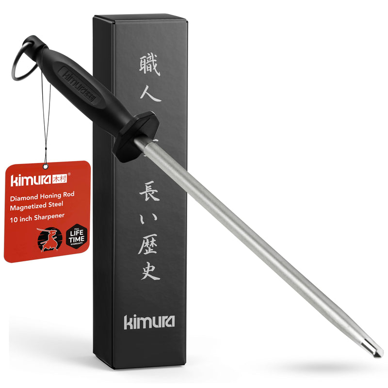 Kimura Professional Diamond Honing Rod, 10 Inch, Silver, Extra Fine Grit, Magnetized, Ergonomic Handle, Versatile Knife Sharpener, Japanese Gift Box