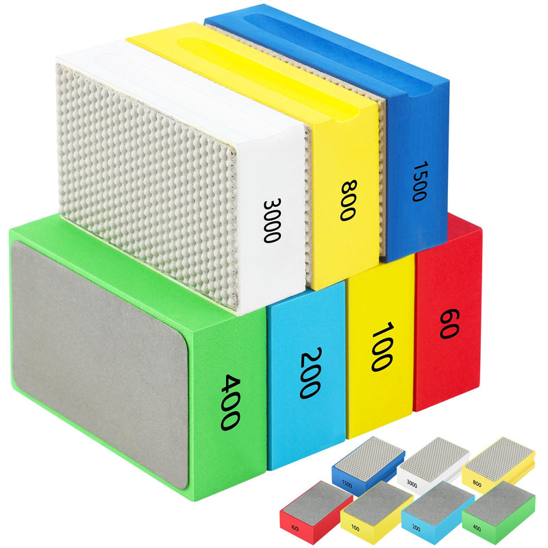 7 Pcs Diamond Hand Polishing Pads 60/100/200/400/800/1500/3000 Grit Diamond Sanding Pads Wet and Dry Sanding Block with Sponge Backing for Glass Tile Stone Concrete Granite Marble Ceramics