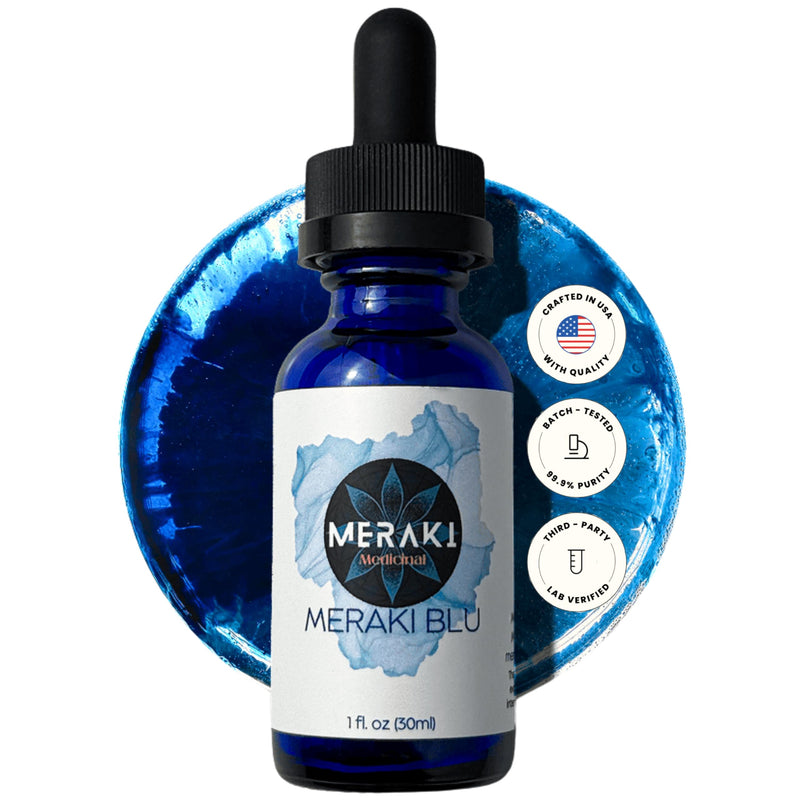 Meraki Blu USP Grade Methylene Blue Solution – Third-Party Tested 1% Liquid Formula, High Purity Blue Formula, 30ml Glass Dropper Bottle