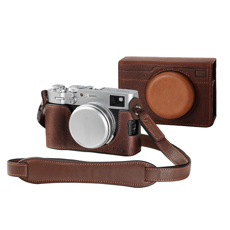 SMALLRIG Leather Half Case for FUJIFILM X100VI, Flip Cover, Shoulder Strap | Genuine Leather Material, Portable and Protecting (Brown) Brown