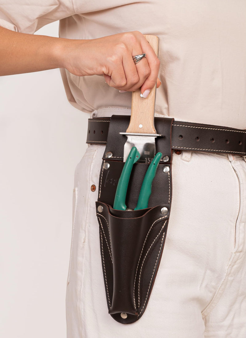 Hori Hori Leather Sheath Belt with Pruner and Scissor Pockets. Personalized Florist Tool Belt Leather, Gardening Belt with Pockets. (Dark Brown, One Size - Adjustable) Dark Brown