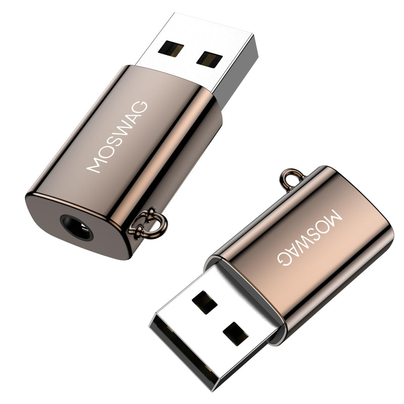 MOSWAG USB to 3.5mm Audio Jack Adapter 2 Pack, USB to Audio Aux Adapter, External Sound Card Converter Compatible with Headset Windows, Desktops, Laptop, Linux, PS4, PC Brown