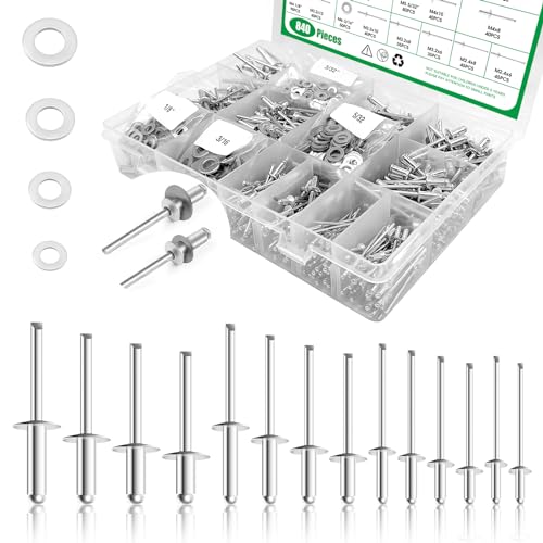 840Pcs 18 Sizes Pop Rivets Assortment Kit with Backup Washers, 3/32" 1/8" 5/32" 3/16" Aluminum Blind Rivets for RV, Trailer, Furniture, electrical Appliances