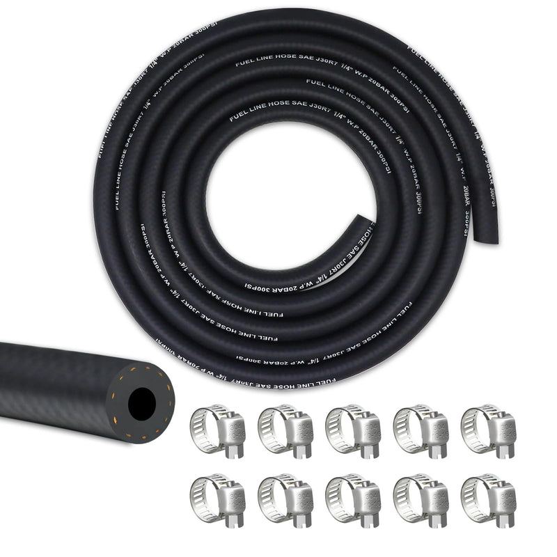 1/4 Fuel Line, Fuel Line Hose 10 Feet, NBR Rubber Gasoline Tube with 10 PCS Stainless Steel Fuel Line Clamps, Fuel Line Kit 1/4 inch (10FT)+Clamps