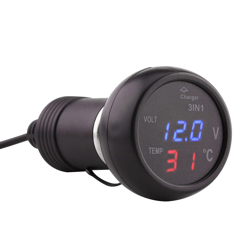 3in1 Auto Gauge Dual LED Digital Display Voltmeter Thermometer Cigarette Lighter USB Car Charger Temperature Monitor Meter (Blue Red #02) Blue Red #02